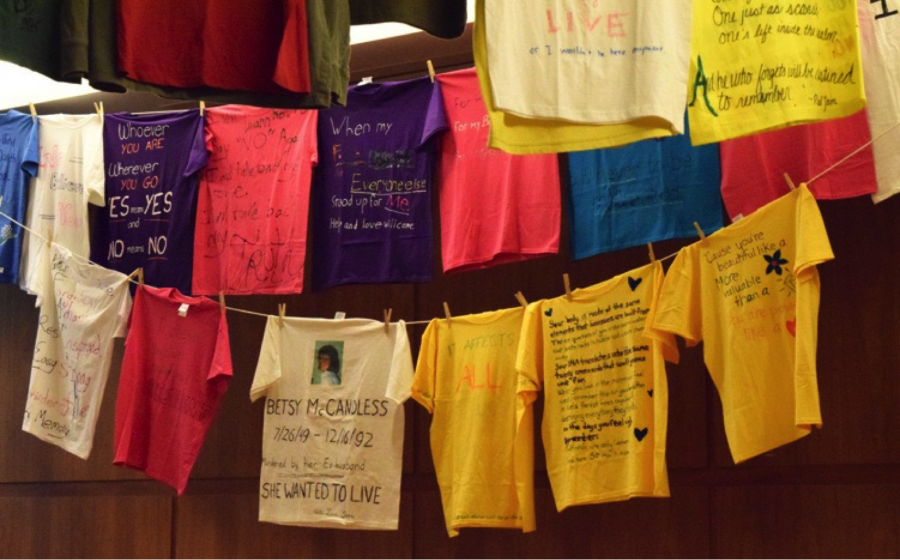 Decorated t-shirts hanging up for last years event