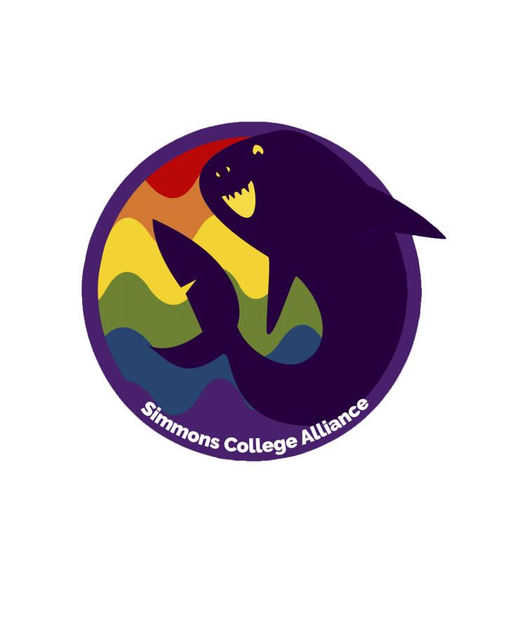 A rainbow logo for Simmons Alliance, overlaid with a smiling purple shark
