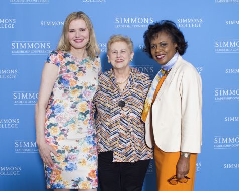 Helen Drinan poses with conference speakers Anita Hill and Geena Davis