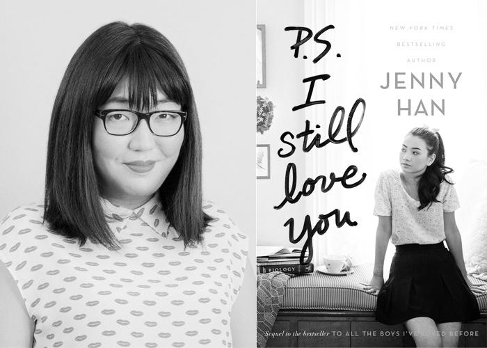 Author Jenny Han opposite the cover of P.S. I Still Love You