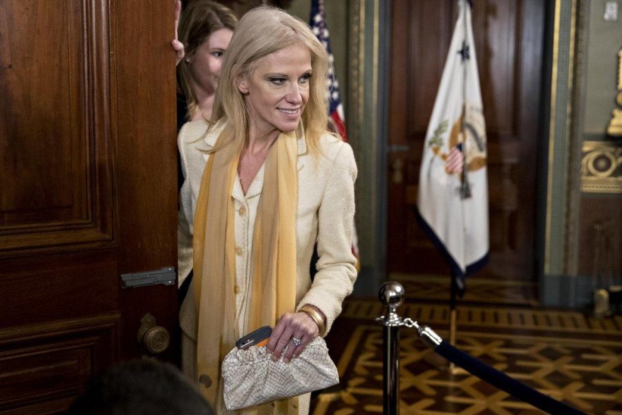 Kellyanne Conway, senior advisor to U.S. President Donald Trump, arrives to attend the swearing-in of Betsy DeVos, U.S. secretary of education, not pictured, inside the Vice Presidents Ceremonial Office in Washington, D.C., U.S., on Tuesday, Feb. 7, 2017. DeVos squeaked through a history-making Senate confirmation vote to become U.S. education secretary, as Vice President Mike Pence broke a 50-50 tie and Republicans staved off last-minute defections that would have killed her nomination. Photographer: Andrew Harrer/Bloomberg via Getty Images