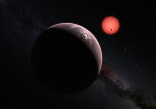 This artist’s impression shows an imagined view of the three planets orbiting an ultracool dwarf star just 40 light-years from Earth that were discovered using the TRAPPIST telescope at ESO’s La Silla Observatory. These worlds have sizes and temperatures similar to those of Venus and Earth and may be the best targets found so far for the search for life outside the Solar System. They are the first planets ever discovered around such a tiny and dim star. In this view one of the inner planets is seen in transit across the disc of its tiny and dim parent star.