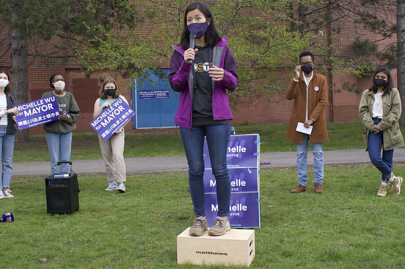 Boston mayoral candidate Michelle Wu speaking to young supporters. Image courtesy of the Wu campaign.