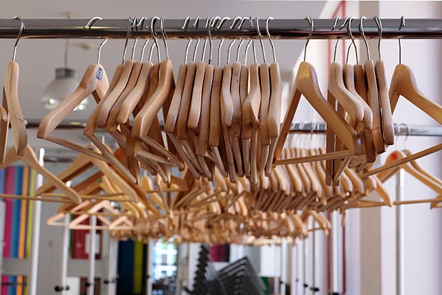 Empty clothing hangers on a clothes rack.